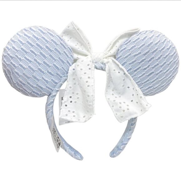 Disney Parks Blue Minnie Mouse Ears Headband White Lace Bow - Picture 2 of 3